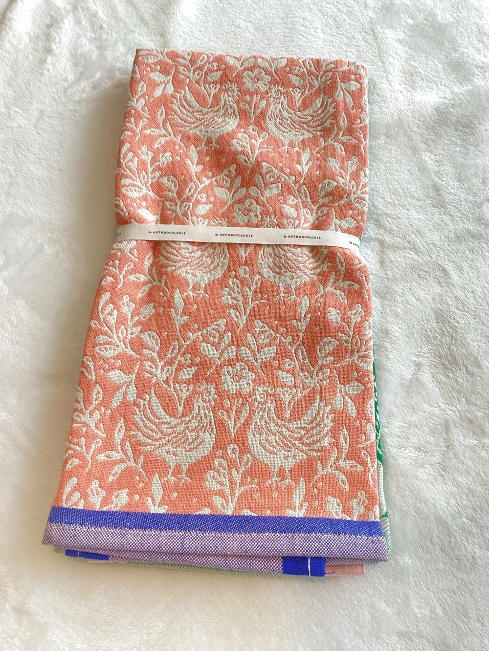 Anthropologie Jacquard Dish Towels New Set of 2 Bunny Farm Chicken Rooster